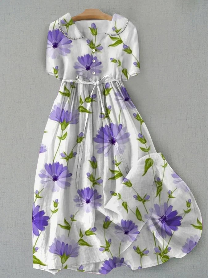 Sage - Sukienka w kwiaty w stylu vintage z wiązaniem w talii i rękawami do łokci